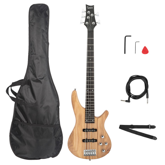 Glarry GIB Electric 5 String Bass Guitar Full Size Bag Strap Pick Connector Wrench Tool Burlywood