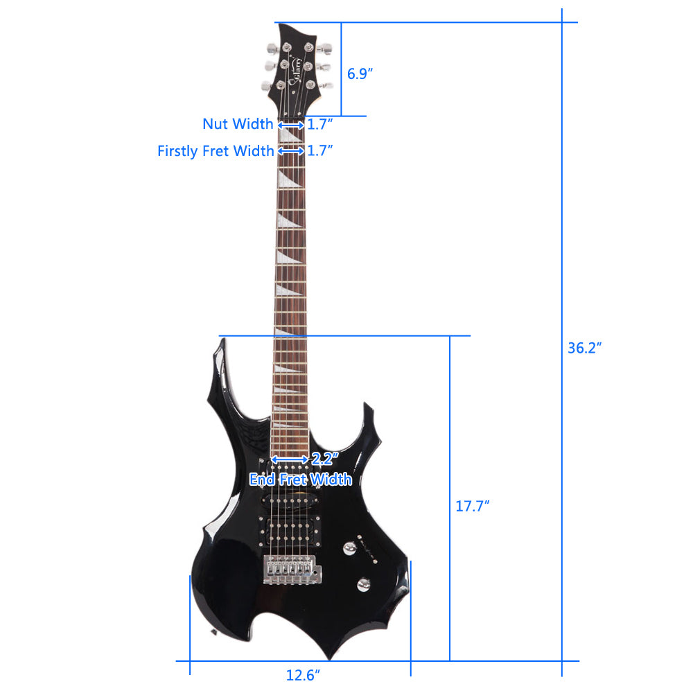 Glarry Flame Electric Guitar HSH Pickup Shaped Electric Guitar Pack Strap Picks Shake Cable Wrench Tool Black