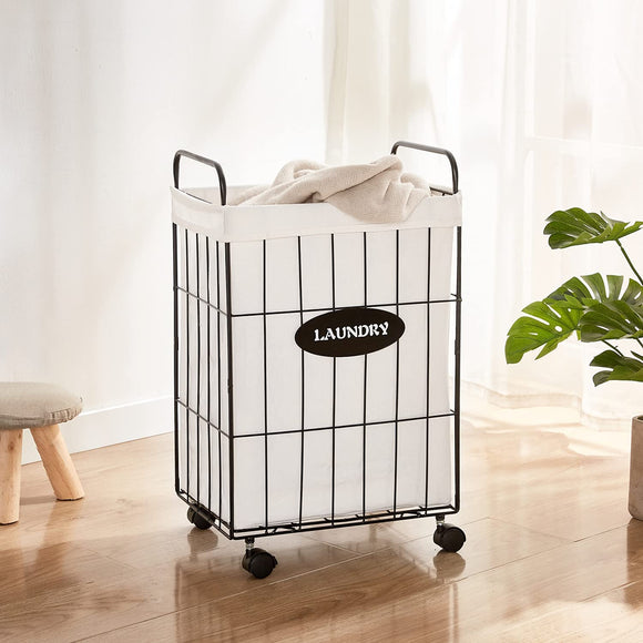Wire Laundry Hamper With Rolling Lockable Wheels, Liner, Collapsible Dirty Laundry Basket