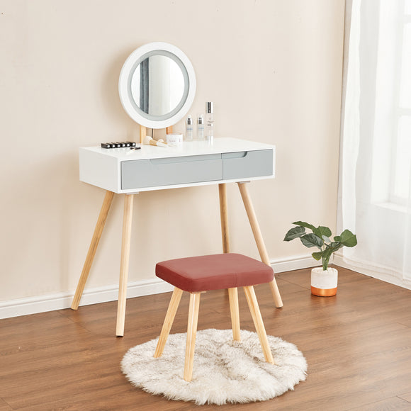 Dressing Table with LED Light Mirror, White Vanity Makeup Table Chair Set with 3 Adjustable Brightness Round Mirror Cushioned Stool and 2 Drawers Bedroom Small Make-up Table