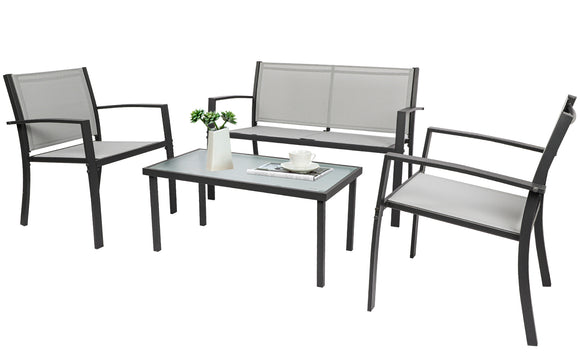 **SALE** Garden Furniture Set, 4 Piece Patio Furniture Glass Coffee Table 2 Textilene Armchairs 1 Double Seat Sofa - Grey