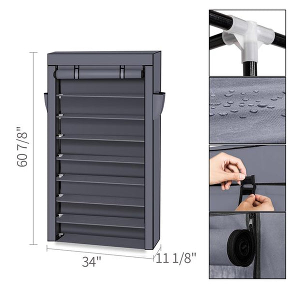 10 Tiers Shoe Rack with Dustproof Cover Closet Shoe Storage Cabinet Organizer Gray