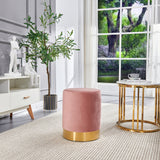 Vanity Ottoman Footstool Velvet Round Vintage Pouffe Stool, Upholstered Dressing Table Stool with Gold Metal Base - Pink