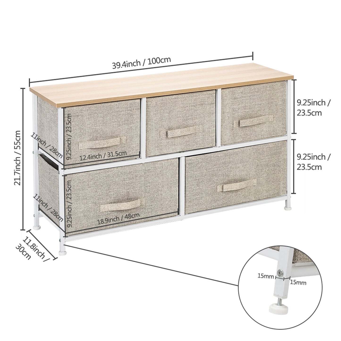 2-Tier Wide Closet Dresser, Nursery Dresser Tower With 5 Easy Pull Fabric Drawers And Metal Frame, Multi-Purpose Organizer Unit For Closets, Dorm Room, Living Room, Hallway, Linen/Natural