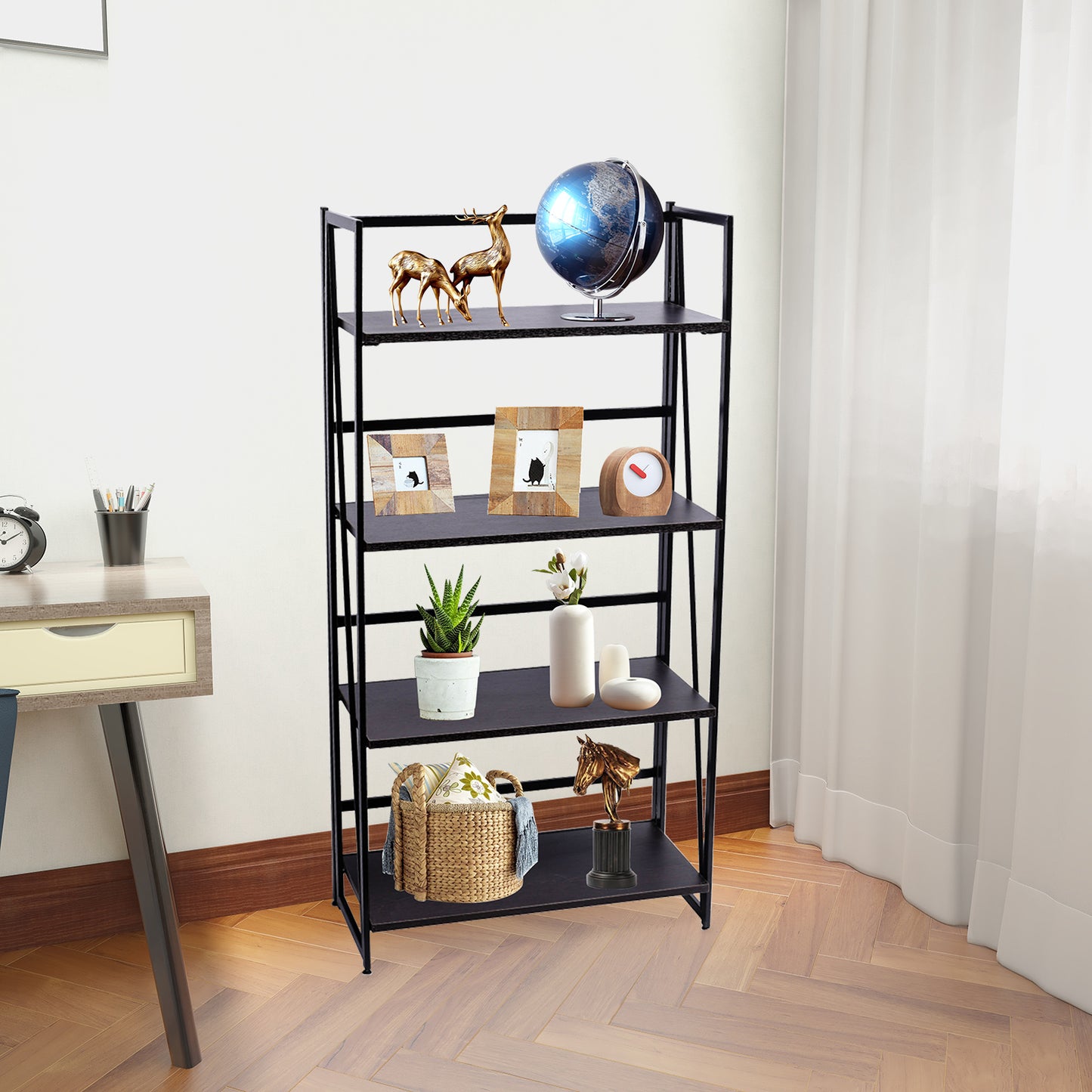 Folding Bookshelf Home Office Industrial Bookcase Wooden Storage Shelves Vintage 4 Tiers Book Rack Organizer