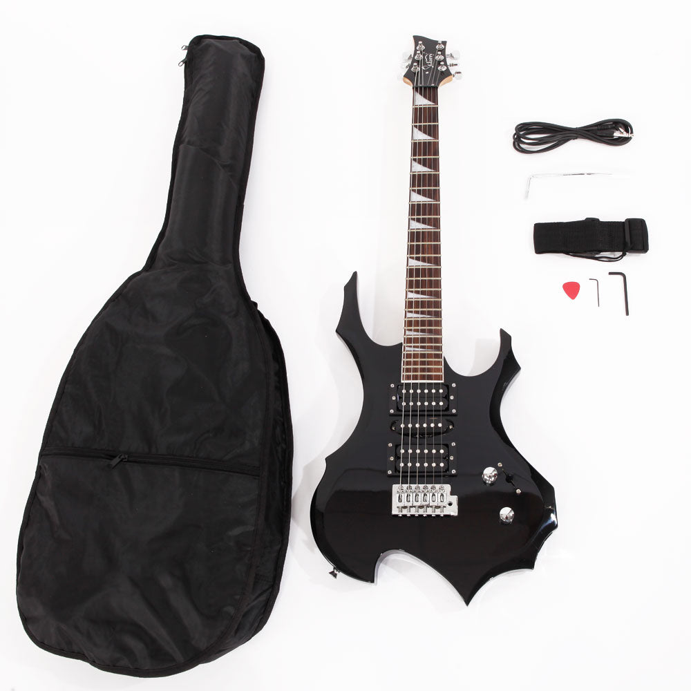 Glarry Flame Electric Guitar HSH Pickup Shaped Electric Guitar Pack Strap Picks Shake Cable Wrench Tool Black