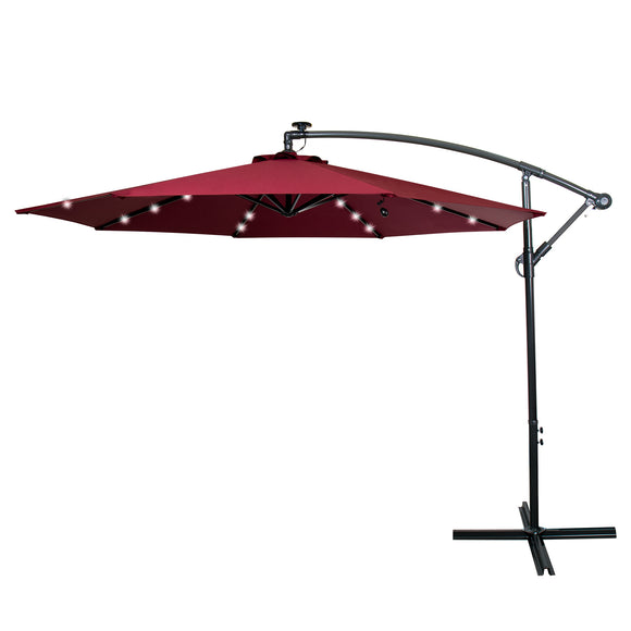 3M Garden Parasol with Solar-Powered LED Lights, Patio Umbrella with 8 Sturdy Ribs, Outdoor Sunshade Canopy with Crank and Tilt Mechanism UV Protection, Patio and Balcony Red